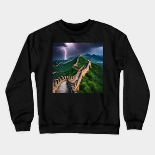 Iconic World Landmarks During A Thunderstorm: Great Wall Of China Crewneck Sweatshirt